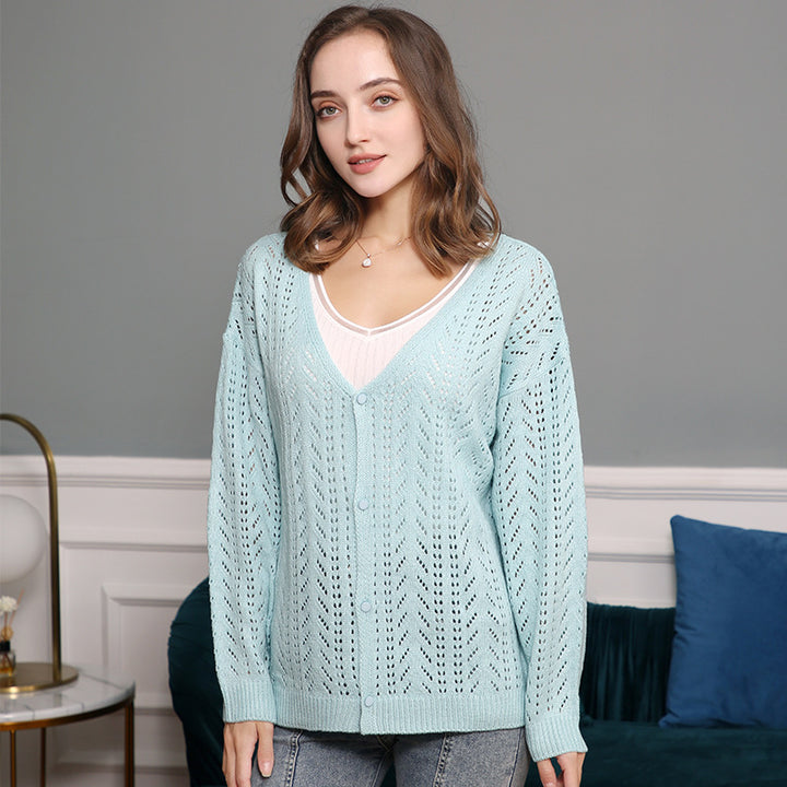 Women's knitted cardigan with airy lace pattern and V-neck Lune London