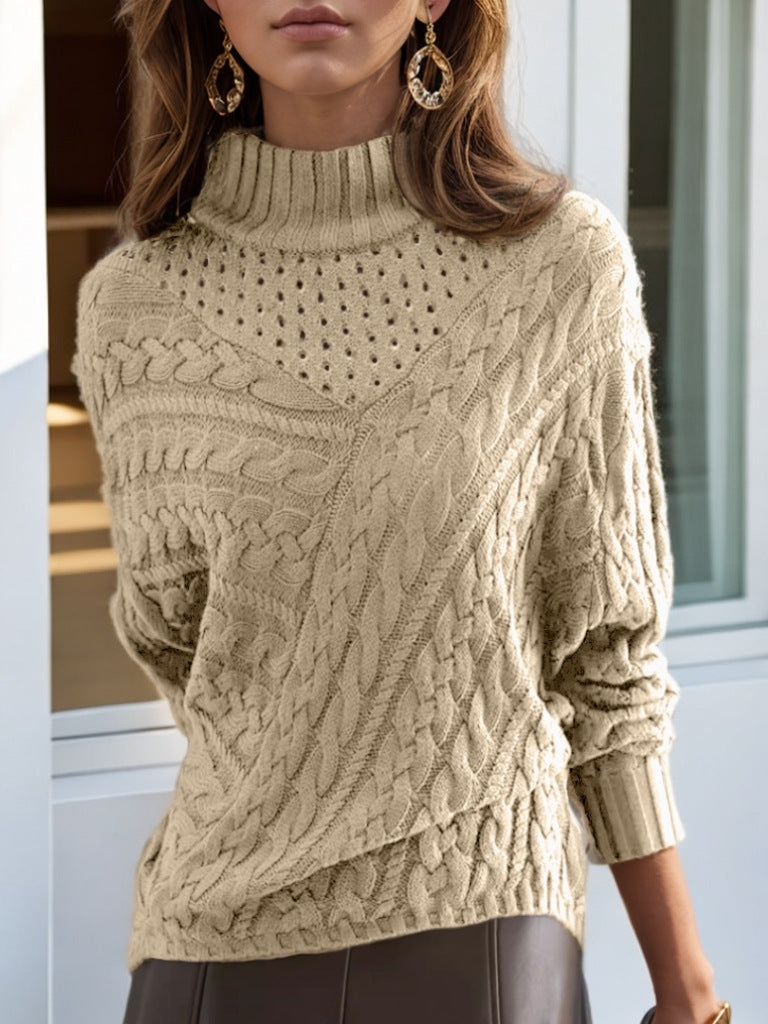 Knitted sweater for women with high collar and detailed cable pattern Lune London