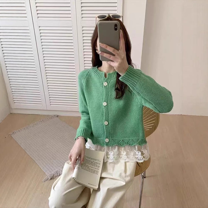 Women's knit jacket with decorative lace lining and button details Lune London