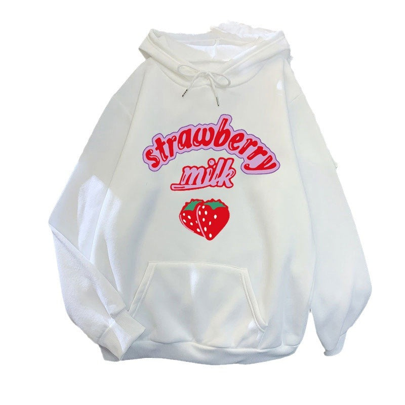 Ladies hooded sweatshirt with cheerful strawberry milk design Chic & Stil