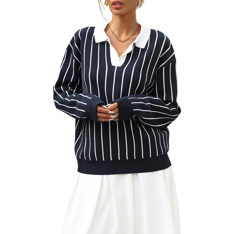 Knit sweater for ladies with elegant collar and striped pattern Lune London