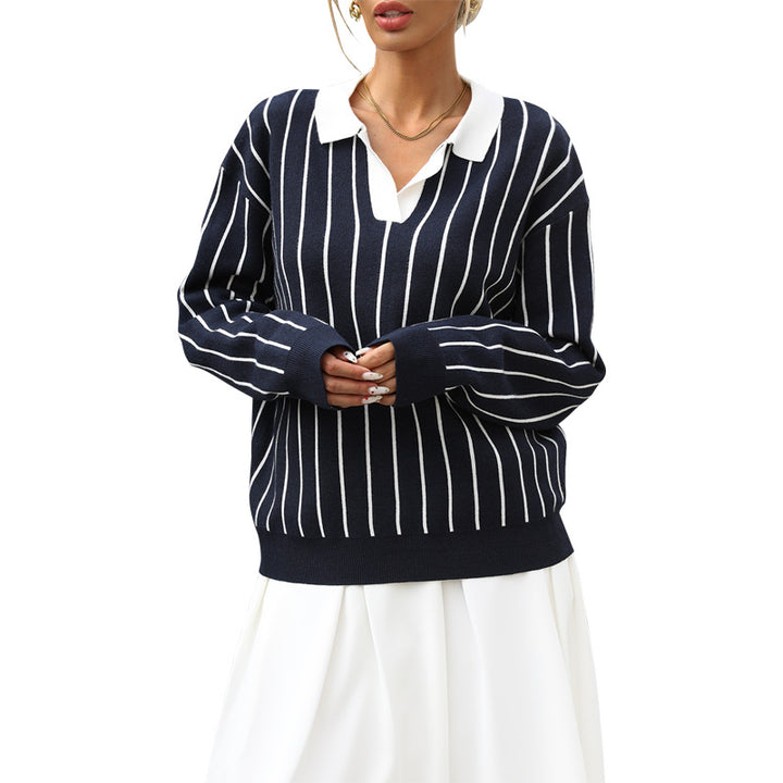 Knit sweater for ladies with elegant collar and striped pattern Lune London