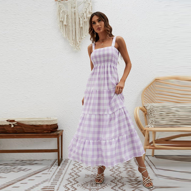 Chic & Stil Women's Airy Maxi Dress with Checkered Pattern and Elastic Bodice