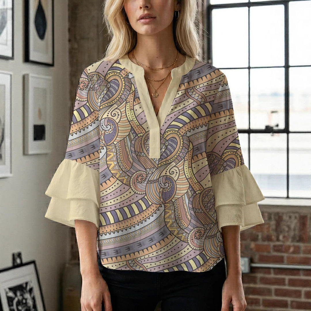Ladies elegant top with voluminous ruffle hems and floral design Lune London