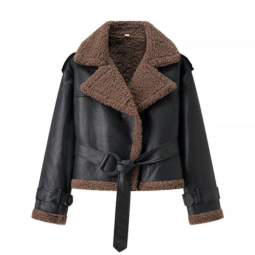 Trendy biker jacket for women with faux fur collar and belt Lune London