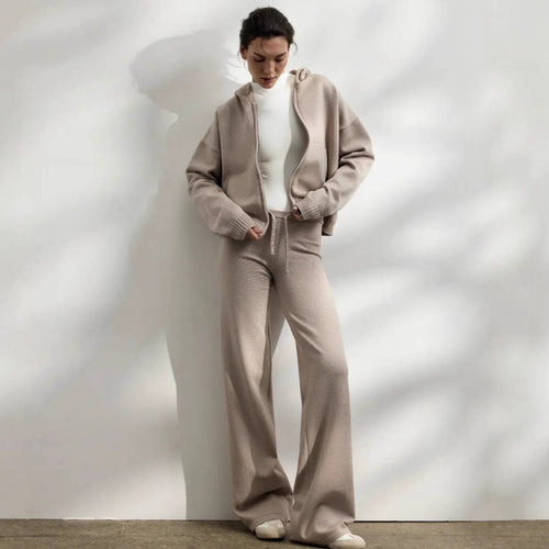 Casual knit outfit for women with hoodie jacket and comfortable palazzo pants Lune London