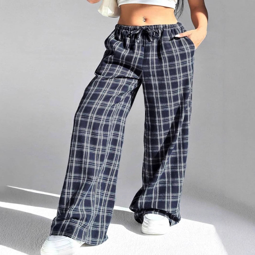 Wide plaid casual pants for women with elastic waistband and drawstring Lune London