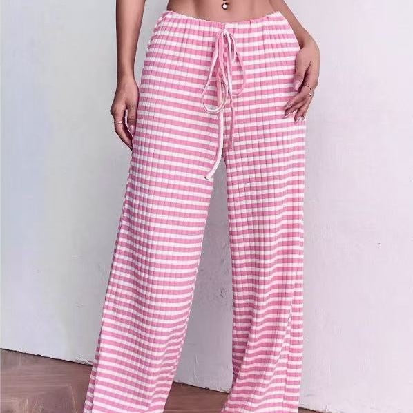 Wide plaid trousers for women with elastic waistband and adjustable drawstring Lune London