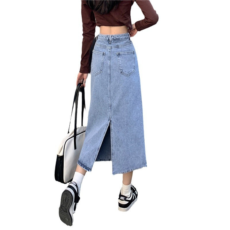 Jupe maxi en denim pour femmes avec taille haute et fente latérale Chic & Stil