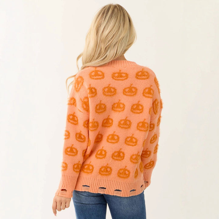 Pull en tricot de haute qualité pour femmes avec motif citrouille d'automne et ourlet élastique Chic & Stil