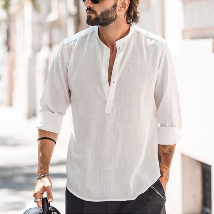 Men Casual Long Sleeve Shirt with Stand Collar and Practical Button Details Lune London