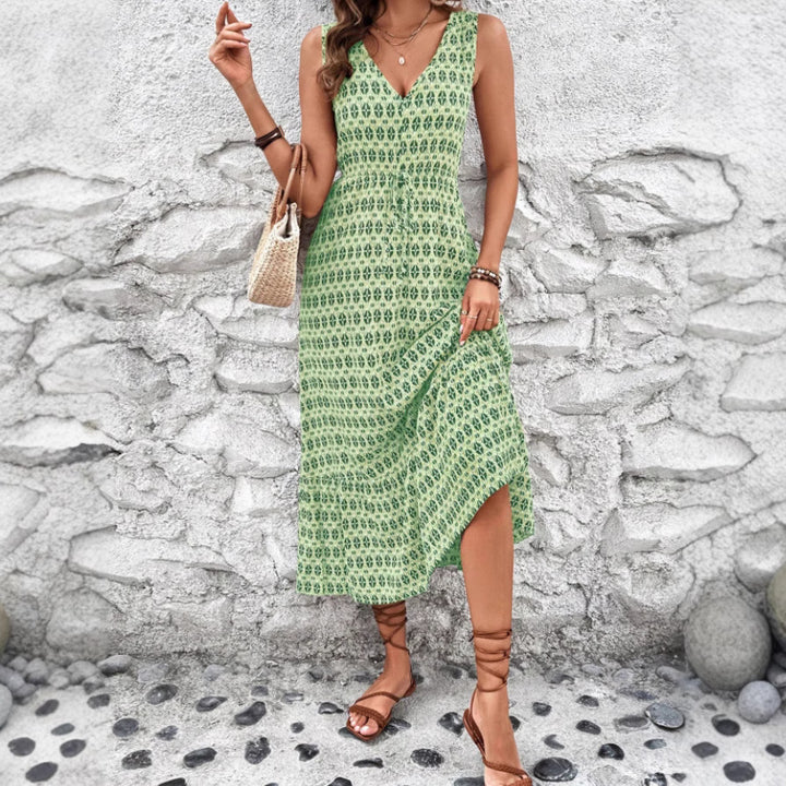 Chic and Style Women's Sleeveless Bohemian Maxi Dress with Tied Belt