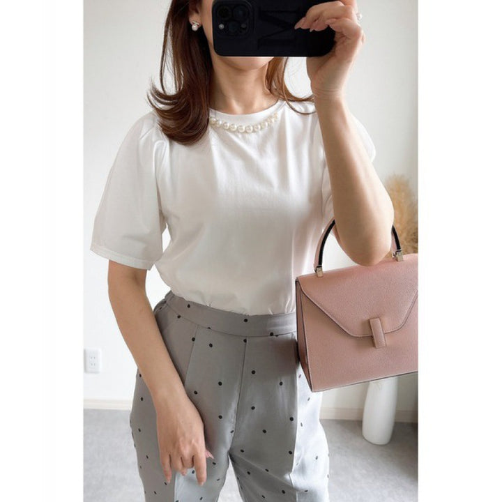 Ladies Elegant short sleeve top with pearl accents Lune London