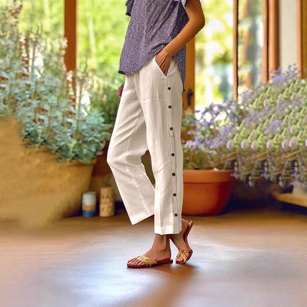 Comfortable linen pants for women with button details Lune London