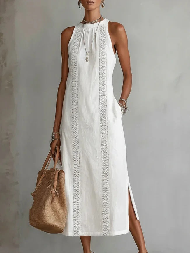 Women Elegant Summer Maxi Dress with Lace Appliqué and Side Slit Lune London