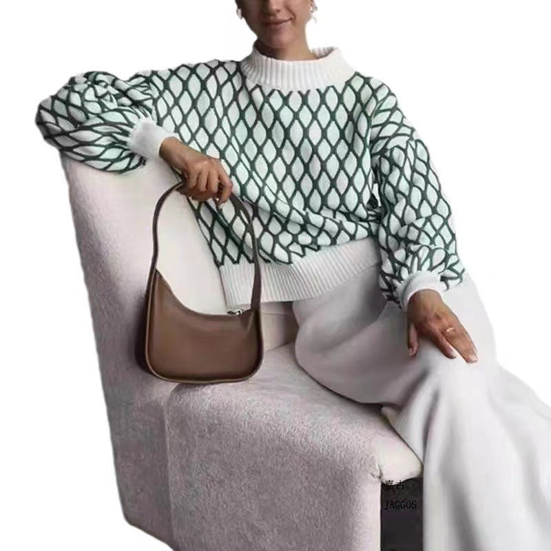 Knitted sweater for women with a modern diamond pattern and contrasting details Lune London