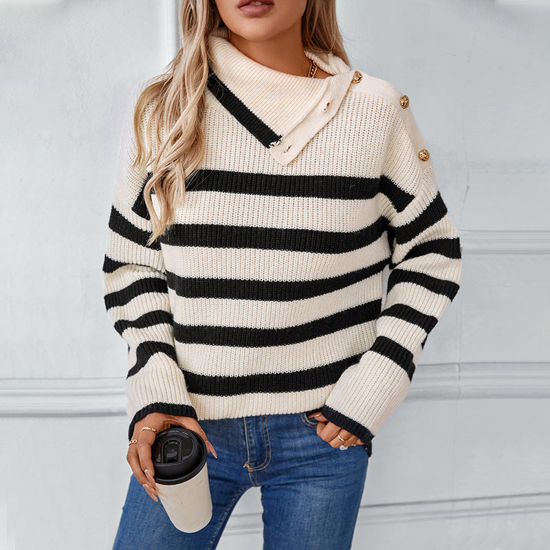 Women's turtleneck sweater with button details and striped design Lune London