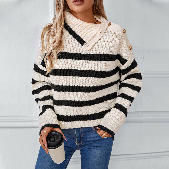 Women's turtleneck sweater with button details and striped design Lune London