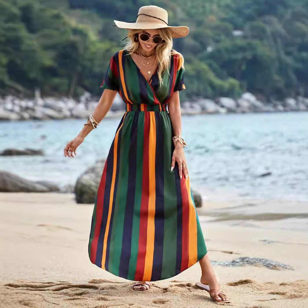 Striped maxi dress for women with high slit and knot at the waist Lune London