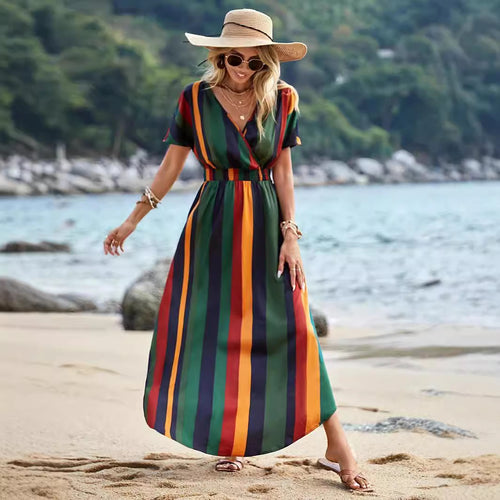 Striped maxi dress for women with high slit and knot at the waist Lune London