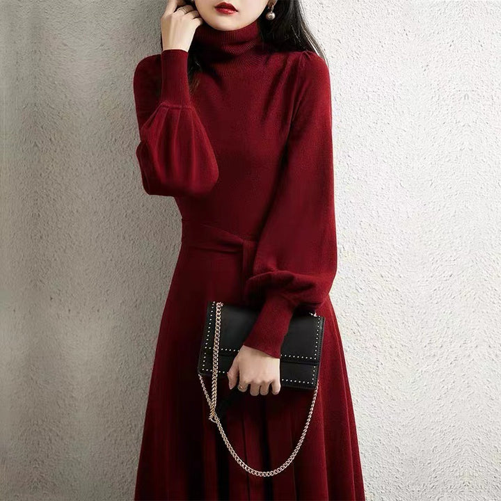Knitted dress for women with high collar and belt at the waist Lune London