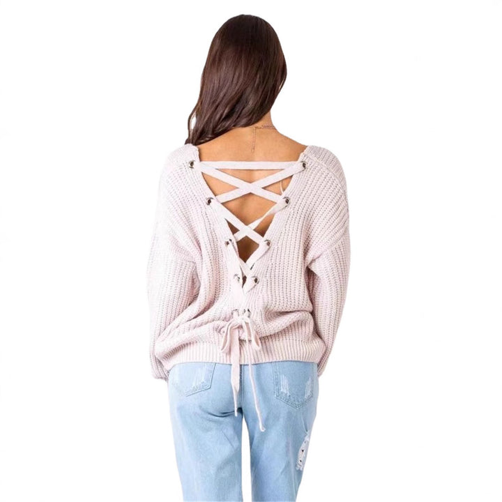 Women's knitted sweater with decorative neckline at the back and lace Lune London