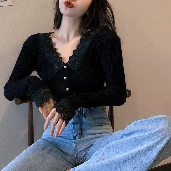 Pull femme à manches longues avec détails en dentelle Chic & Stil