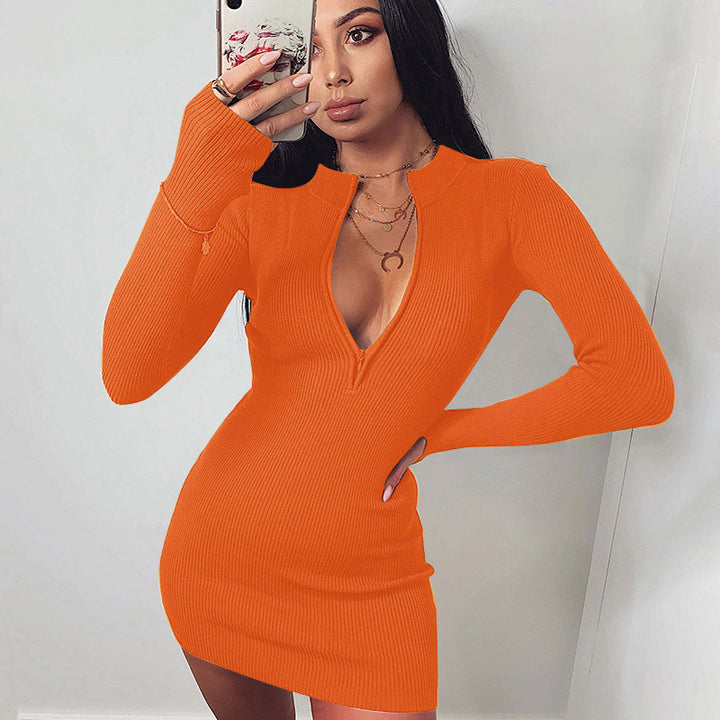 Knit dress for women with deep V neckline and long sleeves Lune London