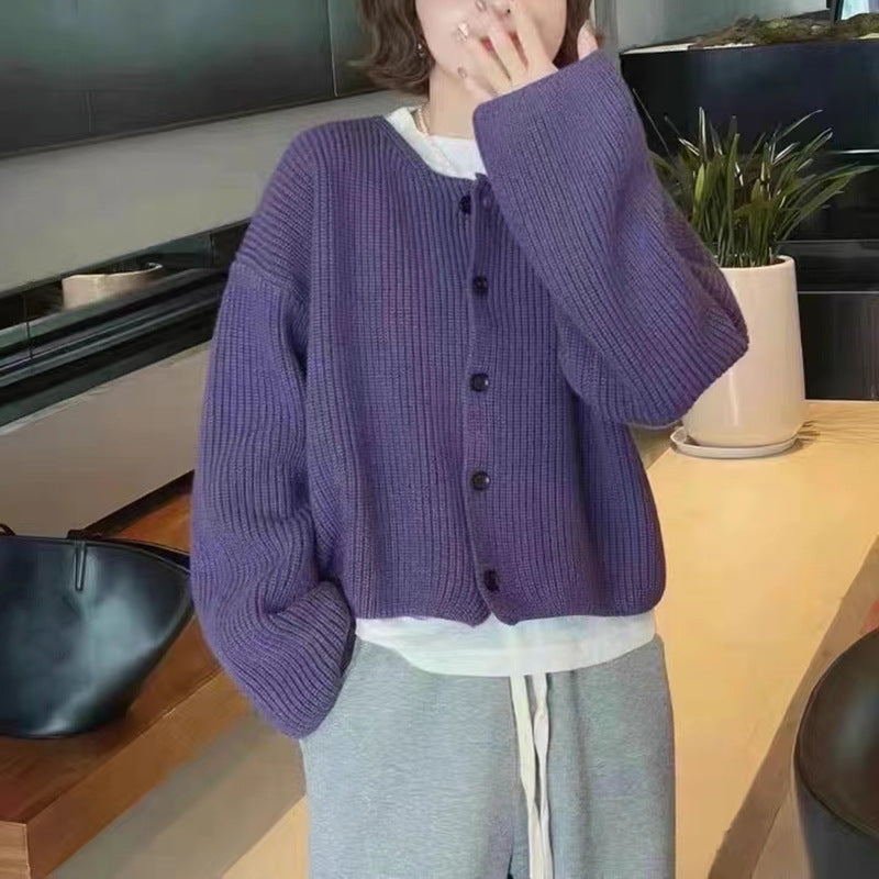 Casual knit jacket for women with open front buttons and balloon sleeves Lune London