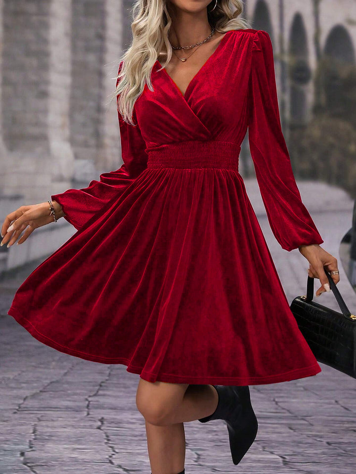 Skater dress for women with elegant gathers and V neckline Lune London