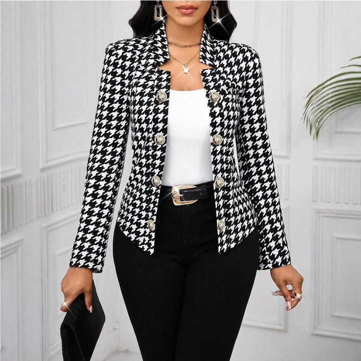Ladies Elegant Houndstooth Blazer Jacket with Shiny Buttons Lune London