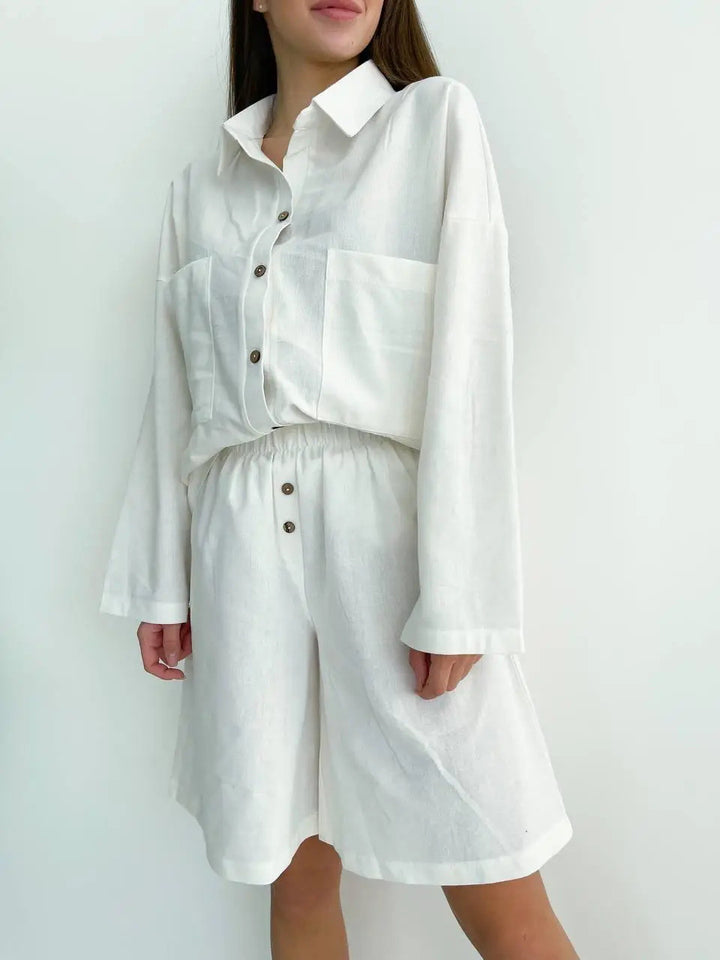 Casual button-up blouse for women and elastic waist shorts set Lune London