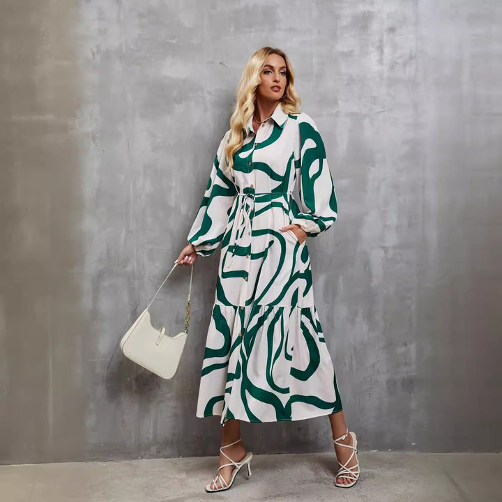 Women's Long Sleeve Dress with Sophisticated Graphic Design and Elegant Waist Belt Lune London
