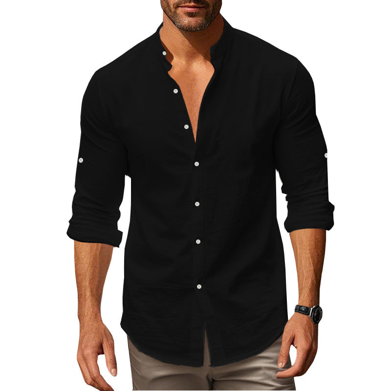 Men's Long Sleeve Shirt with Trendy Stand Collar and Chic Button Details