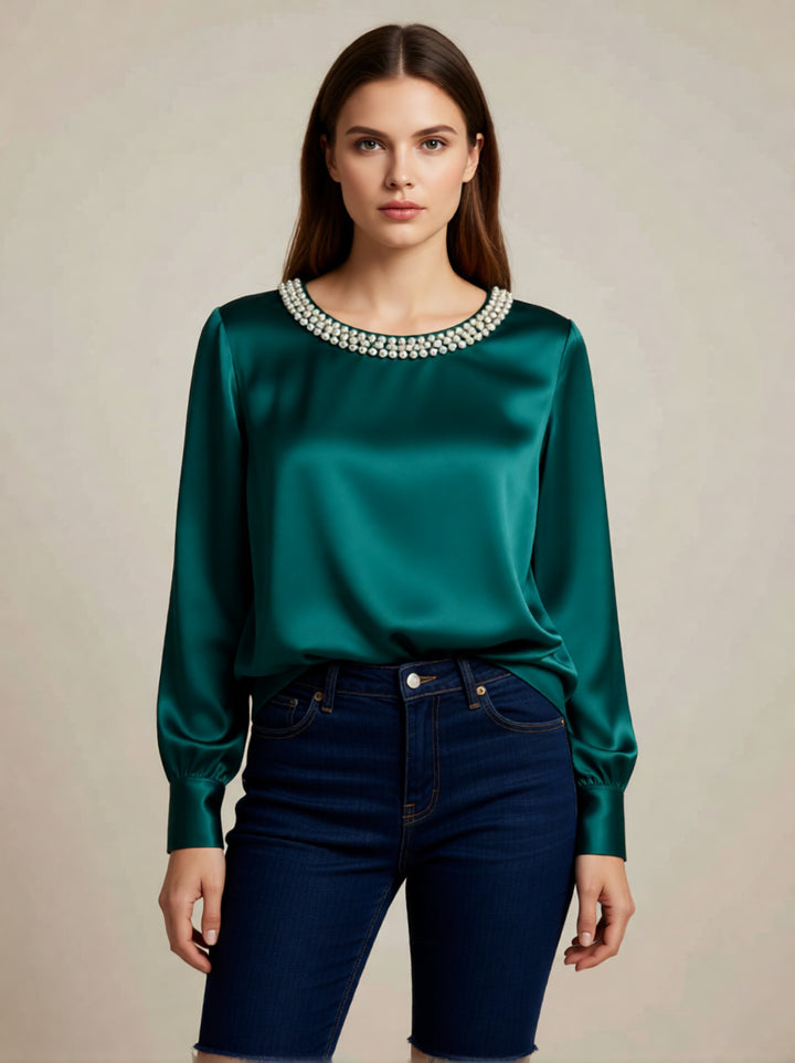 Ladies elegant satin blouse with pearl collar Lune London