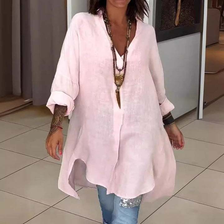 Women's Casual Linen Blouse with Full Button Placket and Cuffable Sleeves Lune London