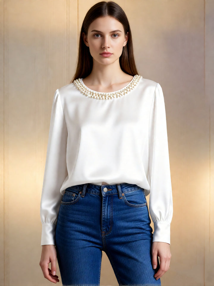Ladies elegant satin blouse with pearl collar Lune London