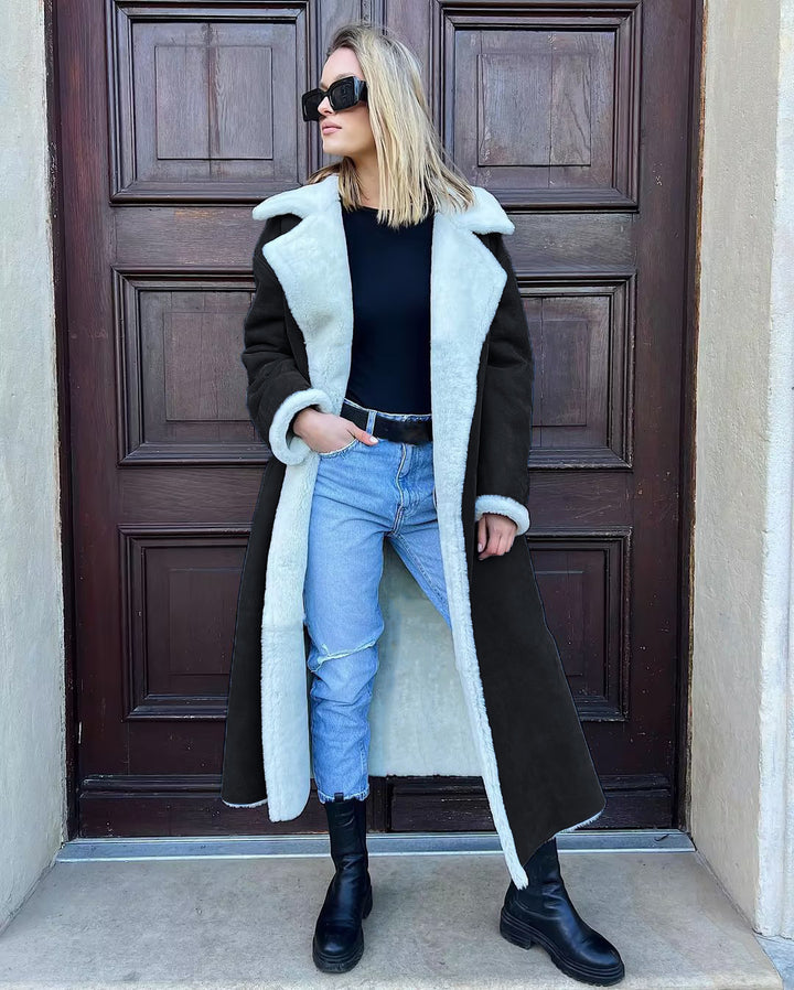 Ladies Long Fleece Coat with Turn-Down Collar Lune London