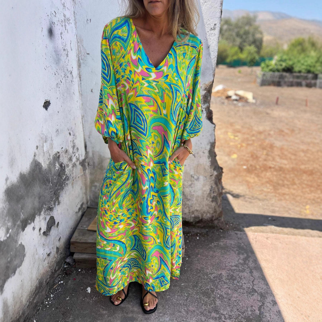 Maxi dress for women with deep V-neckline and casual balloon sleeves Lune London