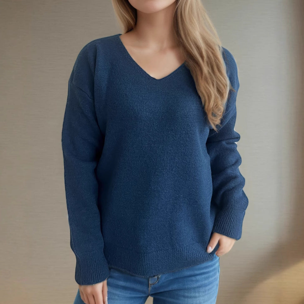 Pull confortable pour femmes à col en V en tissu tricoté doux Chic & Stil