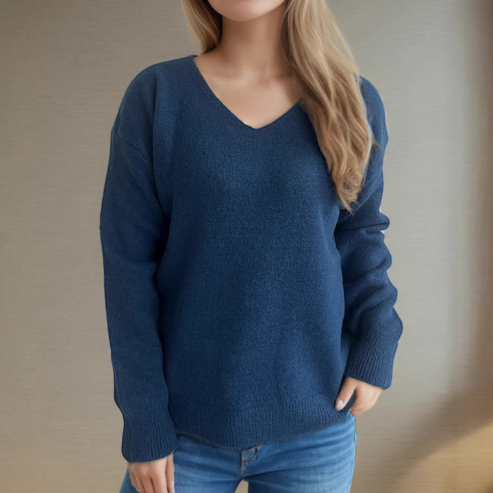 Pull confortable pour femmes à col en V en tissu tricoté doux Chic & Stil