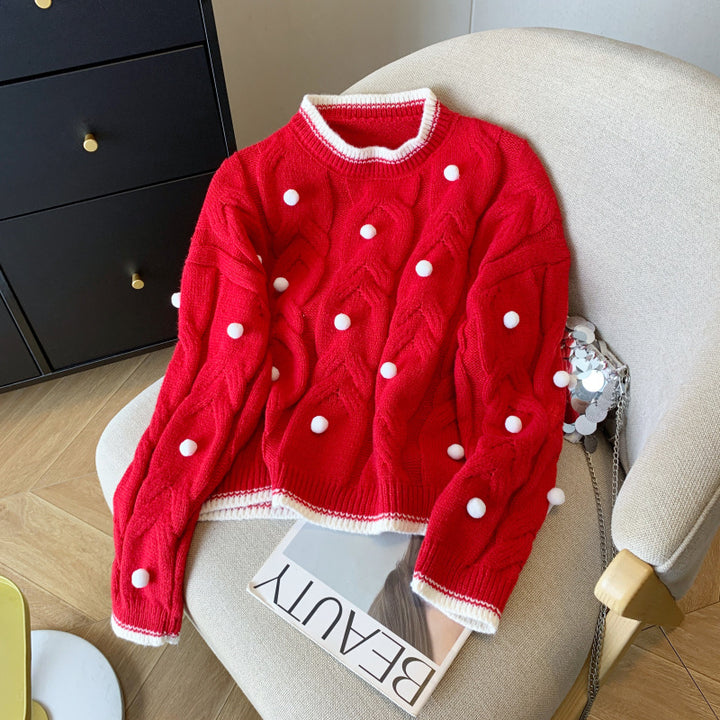 Pull en maille pour femmes avec texture en double câble et pompons décoratifs Chic & Stil