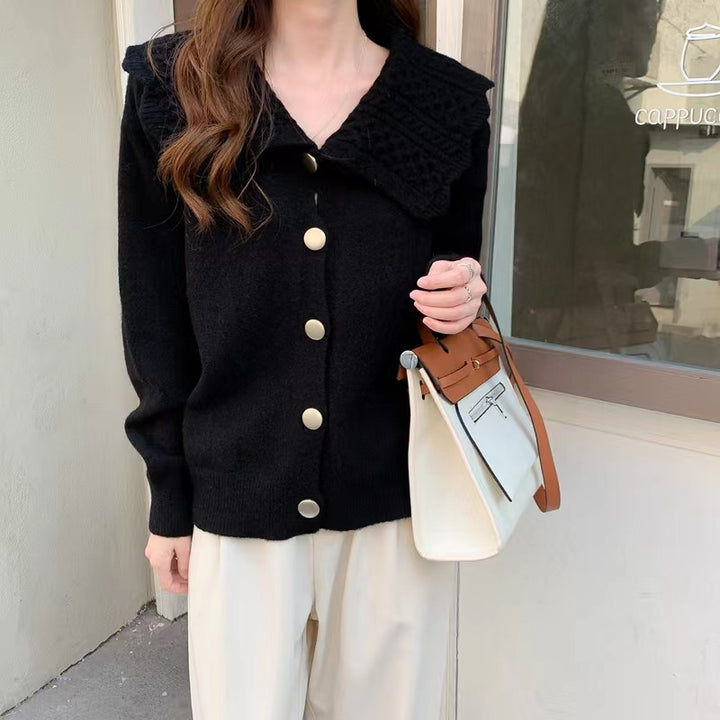 Knit jacket for women with wide collar and decorative buttons Lune London
