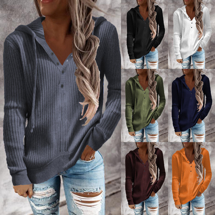 Fashionable ribbed design women's hoodie with button placket Lune London