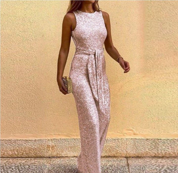 Women's Glamorous Maxi Dress with Shiny Sequin Trim and Elegant Waist Tie