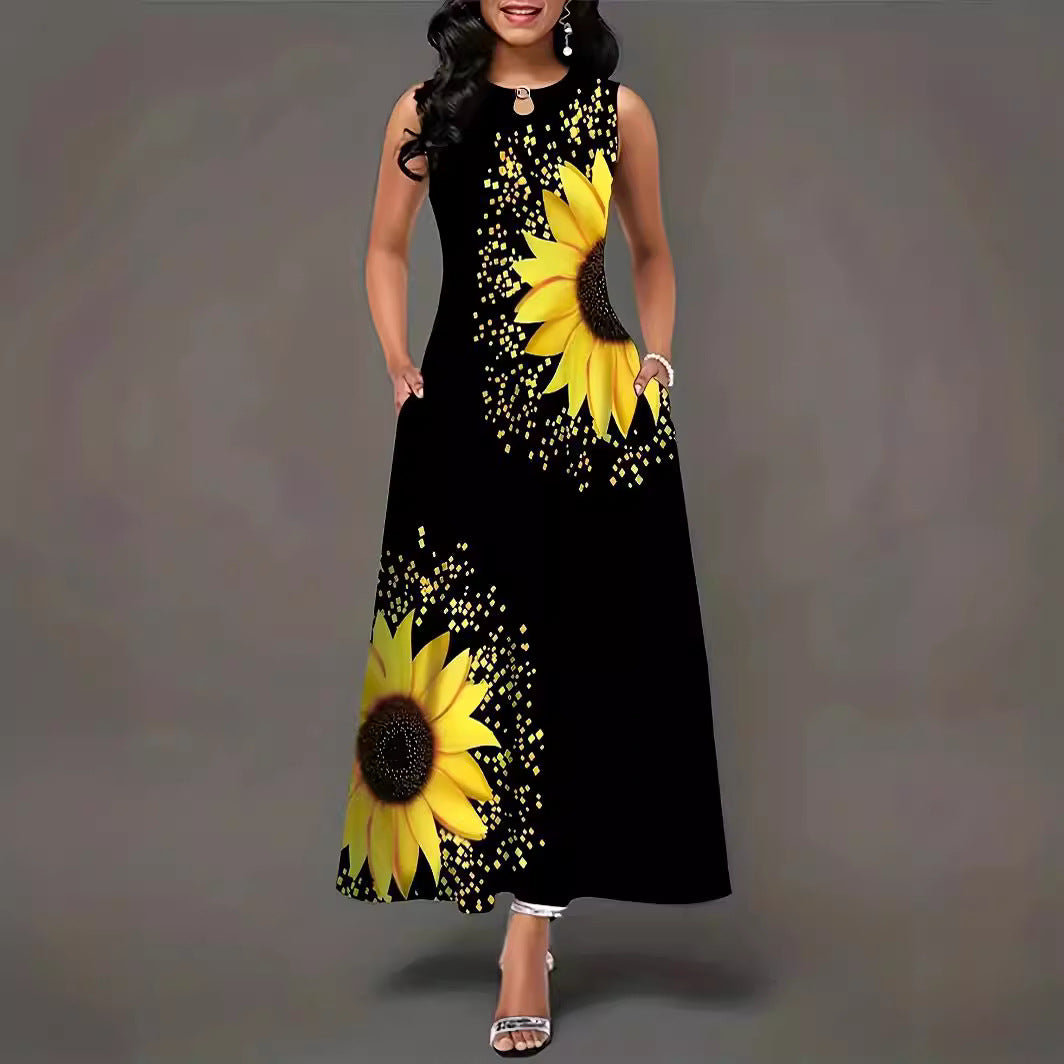 Women's maxi dress with colorful sunflower pattern and practical pockets Lune London