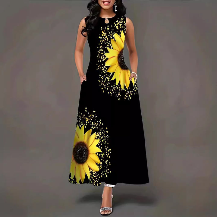 Women's maxi dress with colorful sunflower pattern and practical pockets Lune London