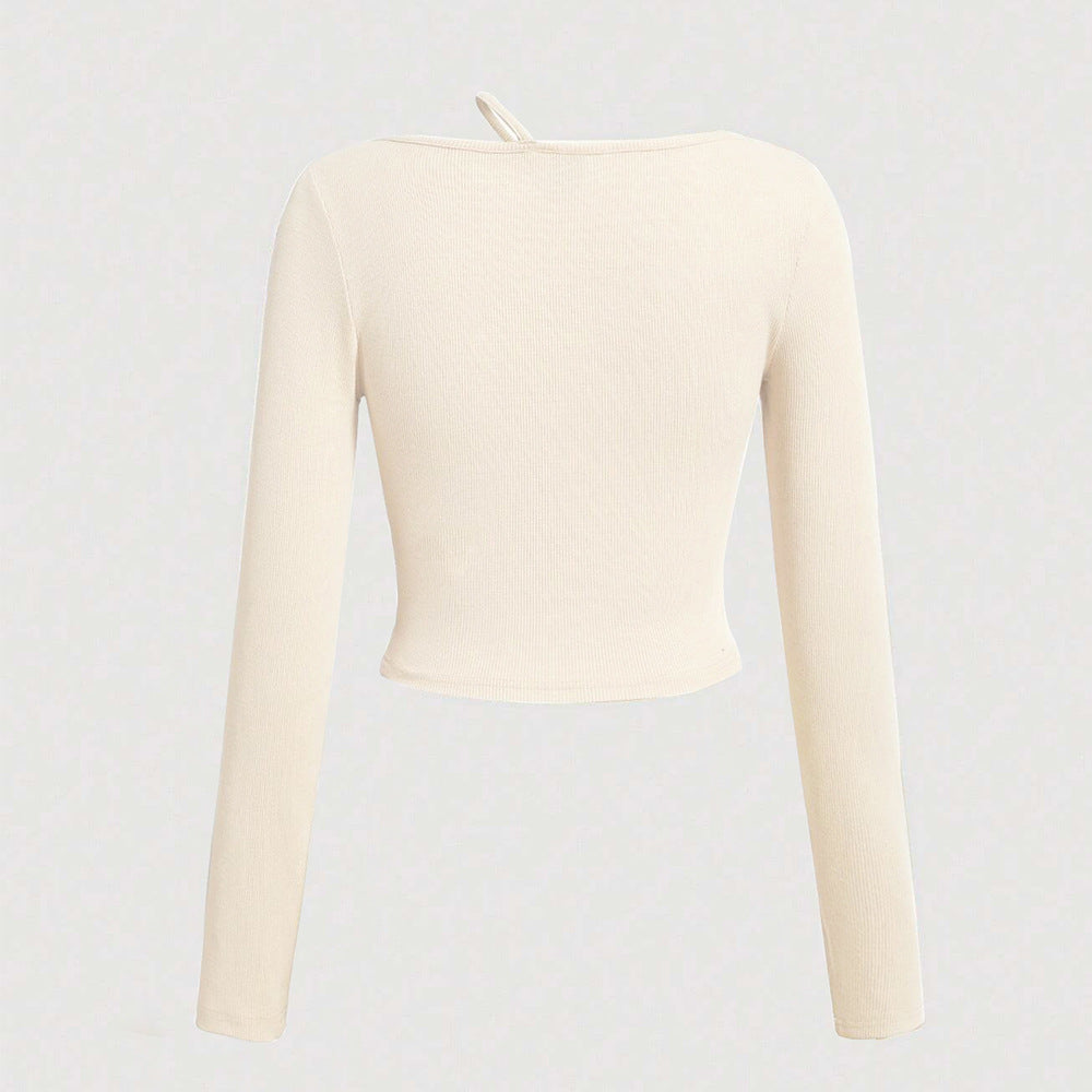 Chemisier court à manches longues pour femmes avec décolleté asymétrique et texture à fines côtes Chic & Stil