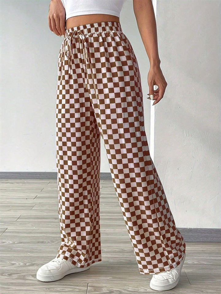 Lune London | Women's Wide Casual Pants with Checkered Pattern and Elastic Waistband