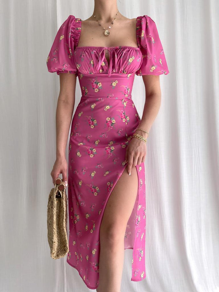 Floral print maxi dress for women with puff sleeves and high slit Chic & Stil